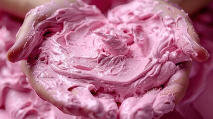 Fototapeta premium Hands holding a heart-shaped mold of pink whipped cream during a baking activity in a bright kitchen