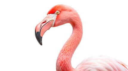 Obraz premium A flamingo on white background. Telephoto lens photography Realistic daylight