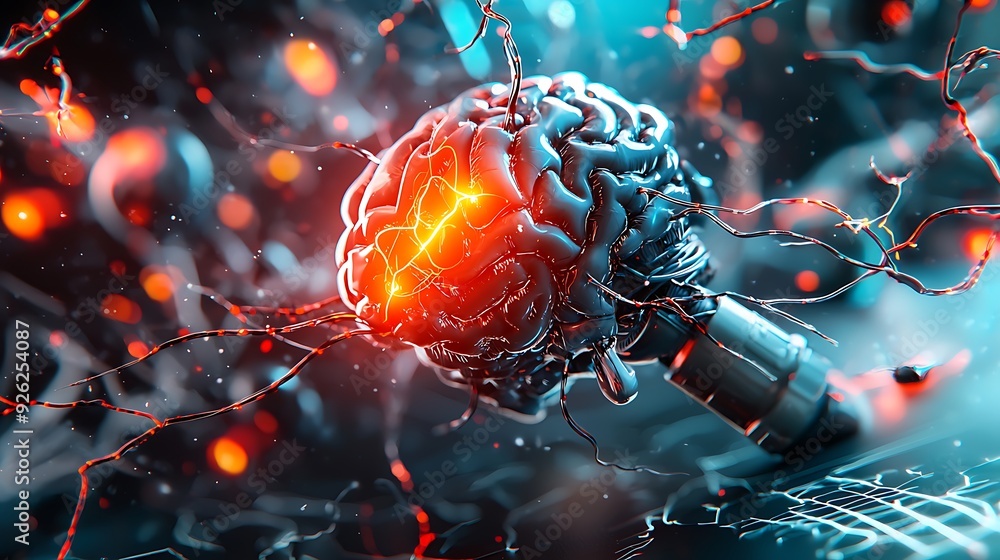Poster an abstract representation of ai as a glowing humanoid figure, surrounded by floating neural pathway