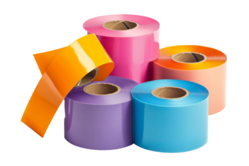 multiple rolls of adhesive sticky tape, showcasing texture and color, isolated on white.