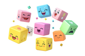 multi-colored cubes floating in space, each depicting a separate emotion, on a white background.