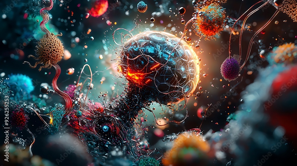 Poster an abstract representation of ai as a glowing humanoid figure, surrounded by floating digital fracta