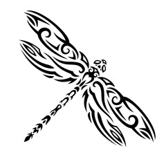 Tribal tattoo art with black decorative dragonfly isolated on the white background