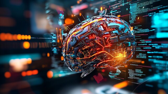 An abstract representation of AI as a glowing futuristic brain, surrounded by floating codes and algorithms, symbolizing the merging of human intelligence with technology