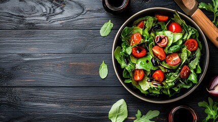 Delicious Tasty Salad with Balsamic Vinegar on Grey Wooden Table