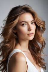Naklejka premium A Stunning Close-Up Portrait of a Beautiful Woman in a Modern Studio Setting with Fashion Magazine Aesthetic
