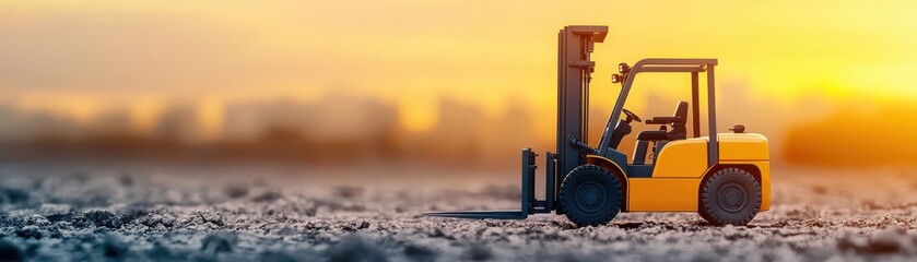 A vibrant sunset illuminates a yellow forklift, showcasing heavy machinery in an industrial landscape.