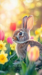 A rabbit sits among blooming tulips and daffodils in a sunny garden