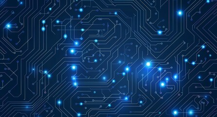 Obraz premium Blue Circuit Board Pattern Illustration Featuring Glowing Dots and Lines.
