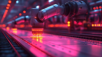 A detailed view of an advanced industrial robotic arm equipped with a precision tool, possibly a laser, working on an assembly line.