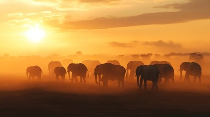 Fototapeta premium Elephant Herd Silhouette at Sunset