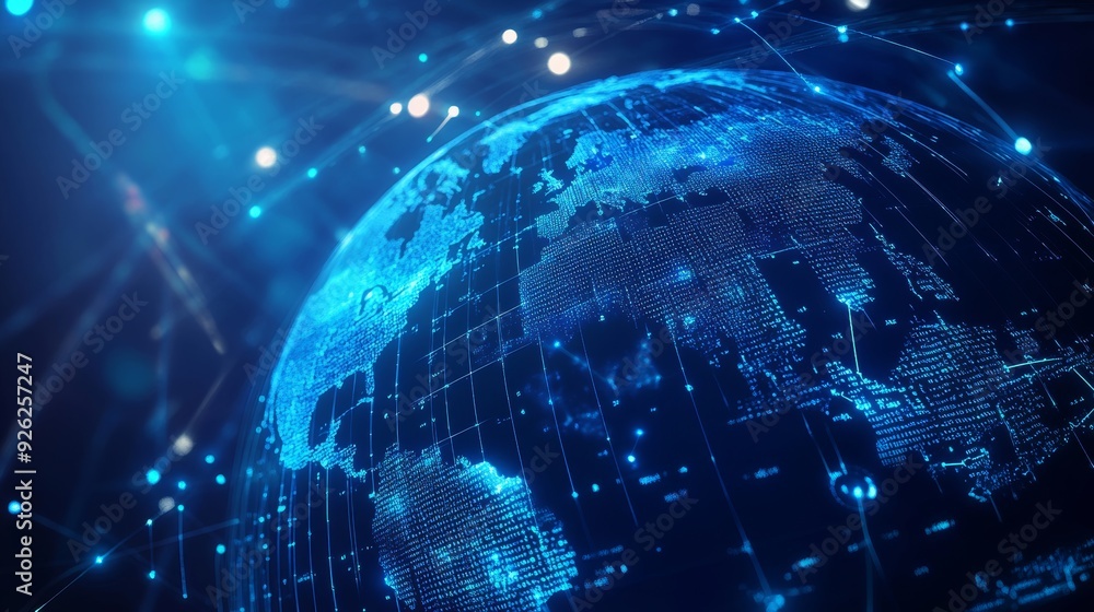 Poster global communication networks ai data streams on blue hologram globe for virtual reality education