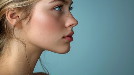 Naklejka premium Young woman with natural beauty poses in profile against a soft blue background