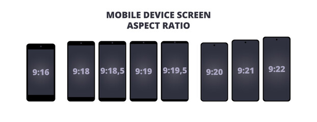 Vector set of mobile device screen aspect ratio isolated on white background. The most common aspect ratios of phones or smartphones. 9:16, 9:18, 9:19, 9:20, 9:21, 9:22. The ratio of width to height.