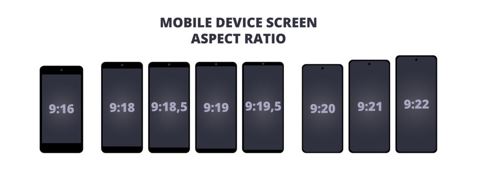 Vector set of mobile device screen aspect ratio isolated on white background. The most common aspect ratios of phones or smartphones. 9:16, 9:18, 9:19, 9:20, 9:21, 9:22. The ratio of width to height.