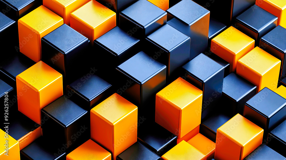 Poster captivating 3d rendering of vibrant orange and sleek black cubes in a striking geometric pattern exu