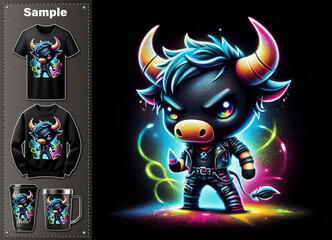 T-Shirt design: A Fiercely Stylish Bull Character with Vibrant Colors and Edgy Attire, Bringing an Energetic Vibe to the Artistic Scene