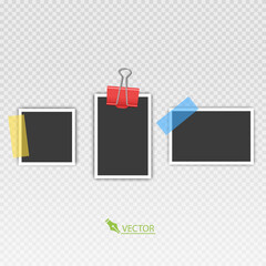 Photo frame set with blank place with sticky tape, paper clip, binder clip on transparent background, Photo frame illistrations on light