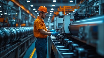 A factory worker in an orange shirt and safety helmet is focused on operating heavy machinery within an industrial setting.