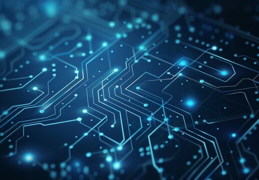 Blue Technology Background Featuring Circuit Board Lines and Dots.
