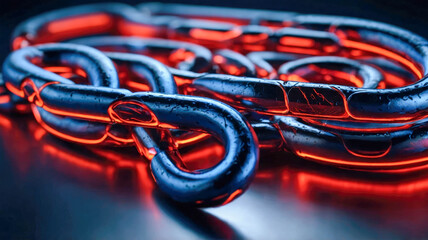A close-up of intertwined red and blue metallic chain links with intricate details, symbolizing connection or strength