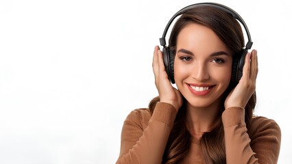 Fototapeta premium Joyful girl enjoys her favorite music. Happy woman listens to music on headphones, on white background.
