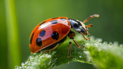 Obraz premium A vivid close-up of a red ladybug with black spots, resting on a dewy green leaf in a natural environment