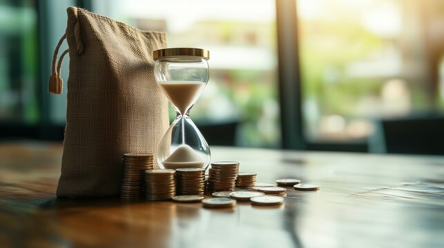 Hourglass and coins on a table symbolize time and money management. Financial planning concept.