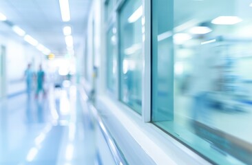 Blurred Hospital Corridor with People in Motion, Abstract Bokeh Effect.