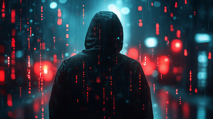 Obraz premium An anonymous hacker surrounded by a glowing network of data, symbolizing the threats of cybersecurity breaches, showcasing the essence of cybercrime and cyberattacks