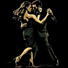 An elegant couple shares a passionate dance, dressed in formal attire with a flowing gown and tuxedo, captured in a timeless, romantic moment.