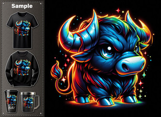 T-Shirt design: A Colorful and Playful Bull Radiating Energy and Charm in a Glittering Artwork Full of Life and Imagination in Every Detail and Dimension