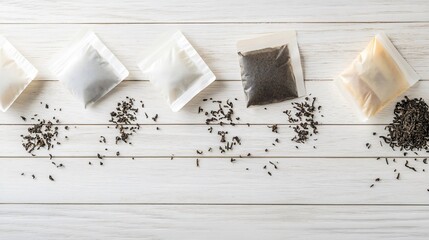 Used Tea Bags on White Wooden Table Top View