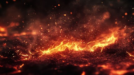 Fototapeta premium A fiery landscape with glowing lava and sparks, evoking a sense of heat and intensity.