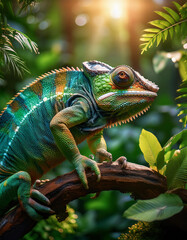 Fototapeta premium Vibrant chameleon perched on branch, surrounded by lush greenery. Generative AI