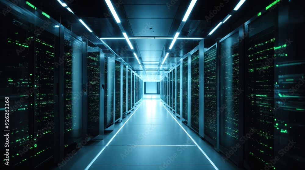 Poster modern data center hall with glowing servers and dynamic lighting effects