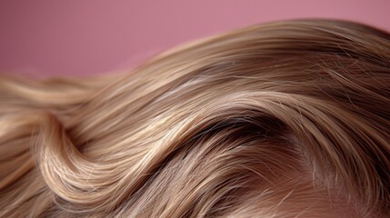 Fototapeta premium Close-up of wavy blonde hair against a pink background during a soft lighting setting