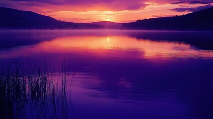Fototapeta premium Purple Sunset Lake Reflection 