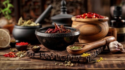 Fototapeta premium Aromatic Spices and Herbs in a Rustic Setting