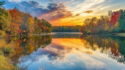 Obraz premium Serene Autumn Sunset: A picturesque landscape unfolds with a tranquil lake reflecting the vibrant hues of an autumn sunset. 