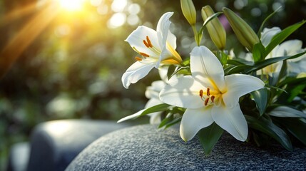 White Lilies and Grave Light on Grey Granite Tombstone