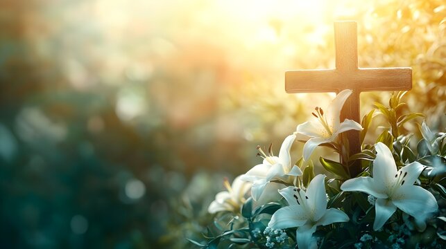 Wooden Cross with White Lilies in a Garden Setting, Symbol of Hope, Faith