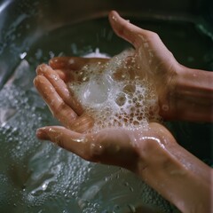 Close-up of hands creating foam while immersed in water, evoking a sense of playfulness and cleanliness.