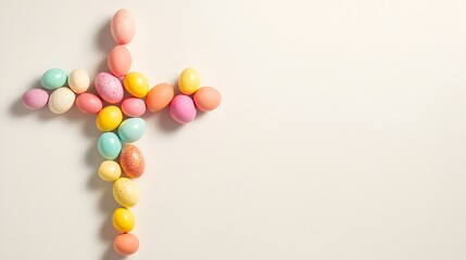 Obraz premium Easter Cross Made with Colorful Eggs on White Background