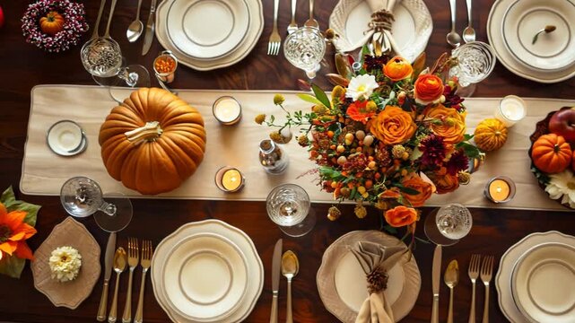 Table setting autumn holiday Thanksgiving. Cozy home atmosphere. Table covered with orange flowers, pumpkins, plates. Traditional candlelight dinner, celebration, family feast. Beautiful decorations.