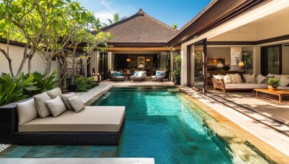 Fototapeta premium Luxury villa with swimming pool and patio furniture.