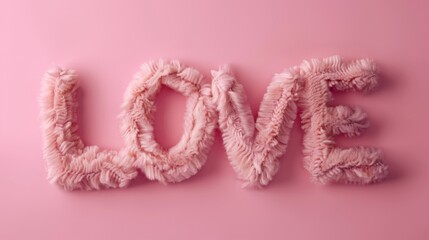 An image showcasing the word 'LOVE' crafted with a pink textured material, set against a soft pink backdrop. The design evokes warmth, affection, and playfulness.