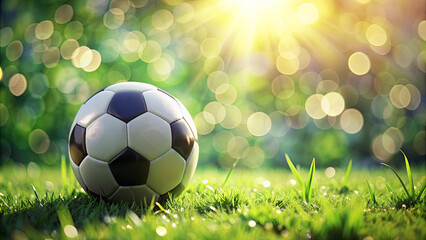 Fototapeta premium A soccer ball lies on vibrant green grass, illuminated by warm sunlight as the day transitions to evening