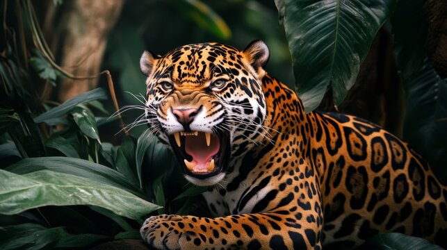 A powerful image of a jaguar growling amidst lush green jungle foliage. The image vividly conveys the raw strength and beauty of the majestic jungle beast in its natural environment.
