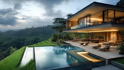 Fototapeta premium Modern house with infinity pool overlooking rice terraces.